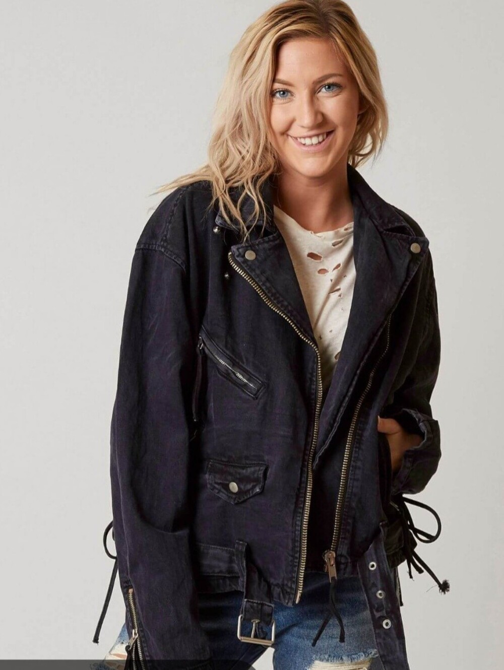 Free People Oversize Denim Motor Cycle Jacket Corsette Style Lace Sides